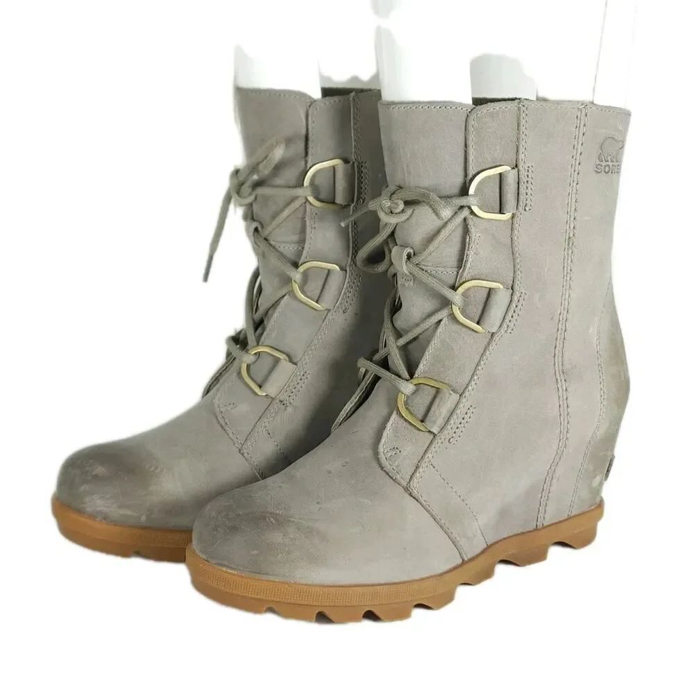Sorel Women's Joan of Arcti II US8 Gray Leather Lace Up Wedge Mid-Calf Boots